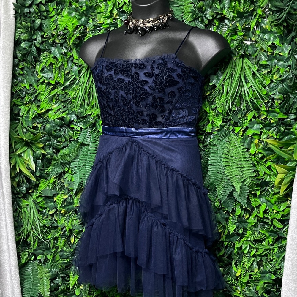 City Studio Dress 13‎ Navy Blue Floral Velvet Tulle Ruffled Party Cocktail